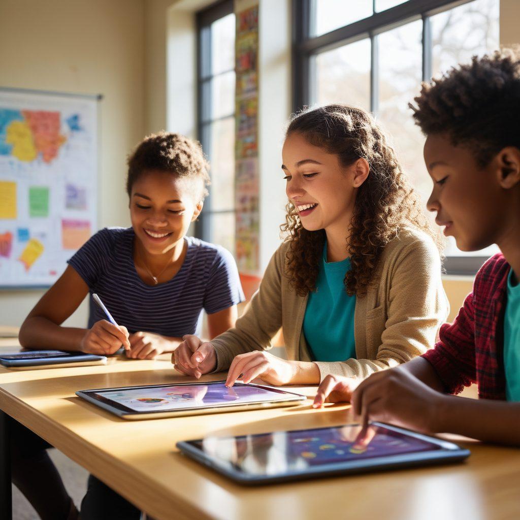 A dynamic classroom scene where a diverse group of students engages with innovative learning tools like tablets and interactive whiteboards. The teacher, showcasing transformative teaching techniques, demonstrates a hands-on activity with colorful educational materials. Bright sunlight streams through the windows, illuminating the vibrant atmosphere filled with posters of various learning styles and cultures. Emphasize collaboration and active participation among students. super-realistic. vibrant colors.