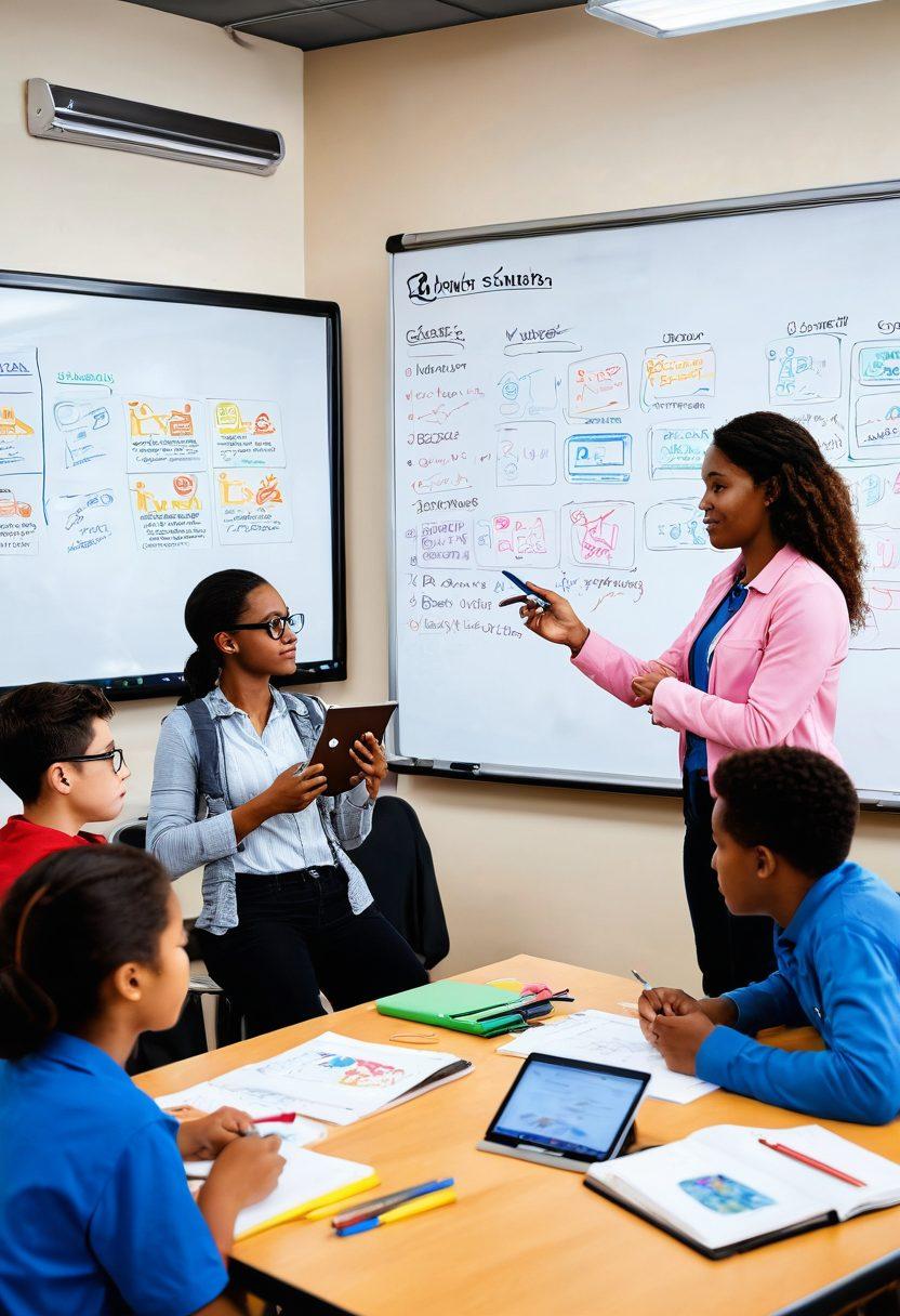 A dynamic classroom scene illustrating diverse students actively participating in innovative learning activities, with a vibrant teacher facilitating discussions at a modern whiteboard filled with colorful diagrams and interactive elements. Various learning tools like tablets, books, and art supplies spread throughout the room, showcasing creativity and engagement. The students represent different backgrounds and ages, engaged and enthusiastic in their work. super-realistic. vibrant colors. bright and inviting atmosphere.