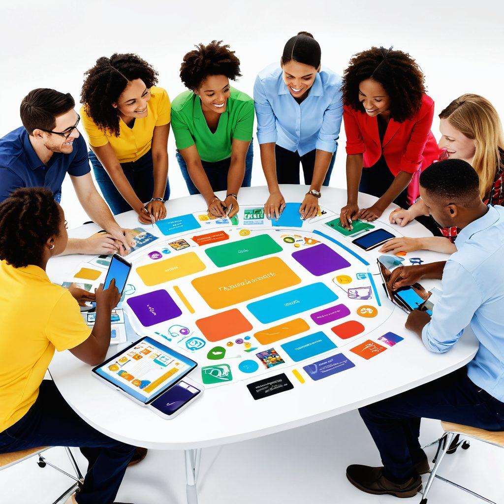A diverse group of educators collaborating around a vibrant digital learning table, surrounded by innovative teaching tools and resources, with engaging visuals of modern learners actively participating. The scene should convey a sense of empowerment and teamwork in a bright, inspiring classroom setting. super-realistic. vibrant colors. white background.